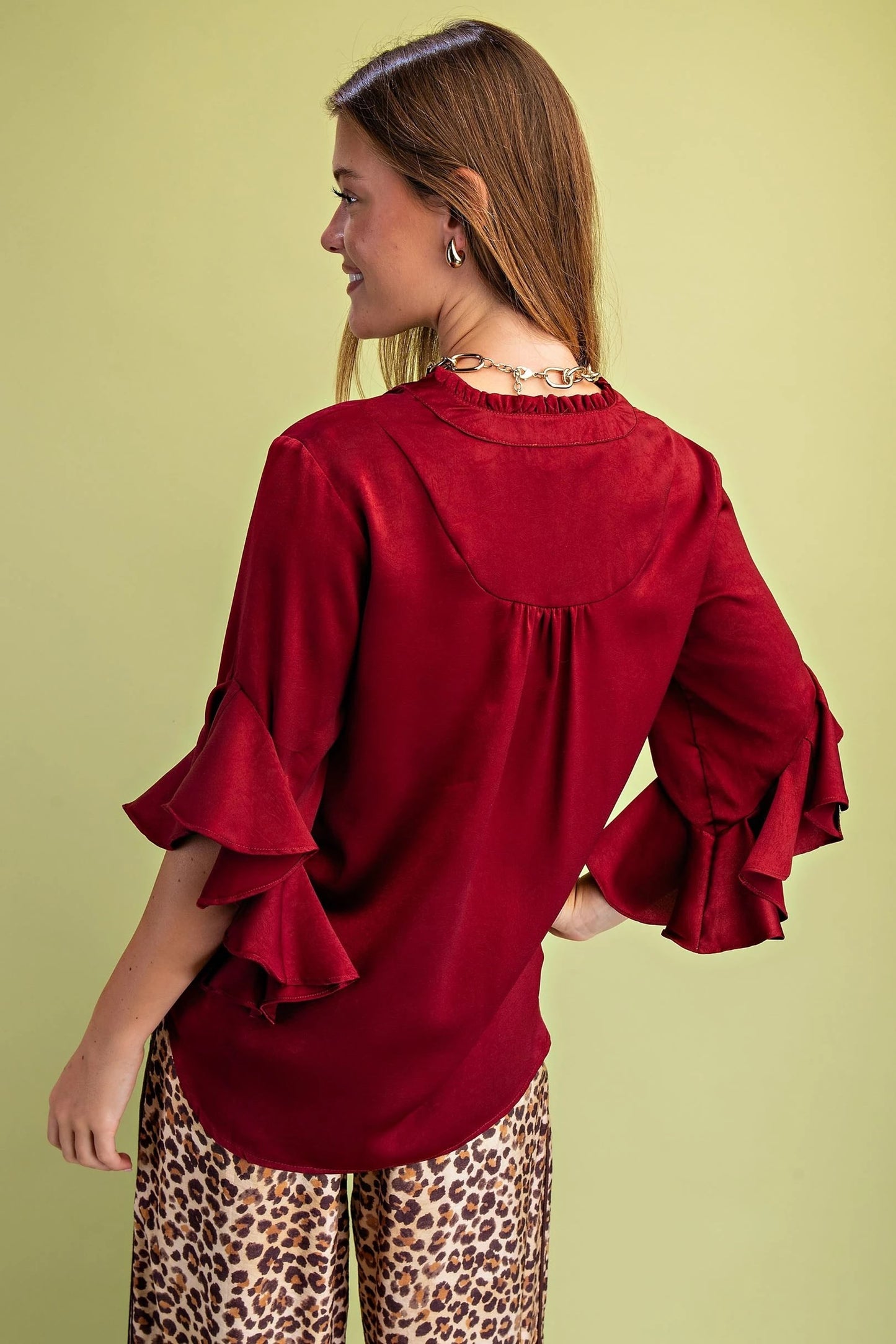 Gigio Satin Ruffled Bell Sleeve Top
