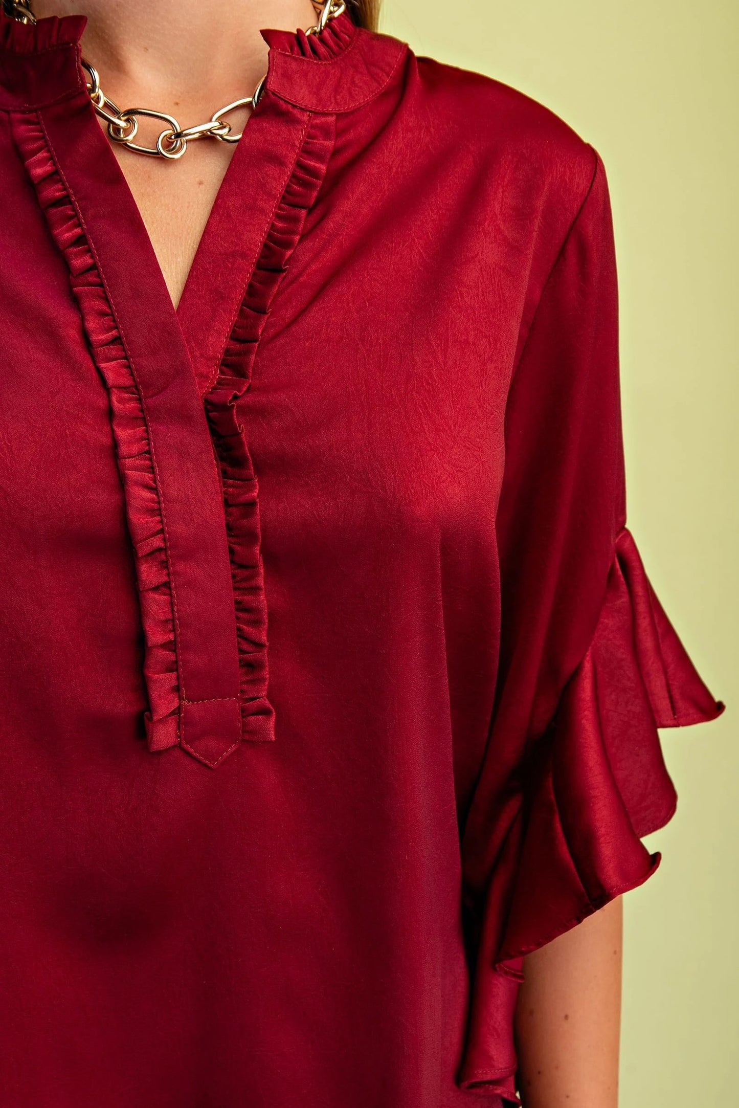 Gigio Satin Ruffled Bell Sleeve Top