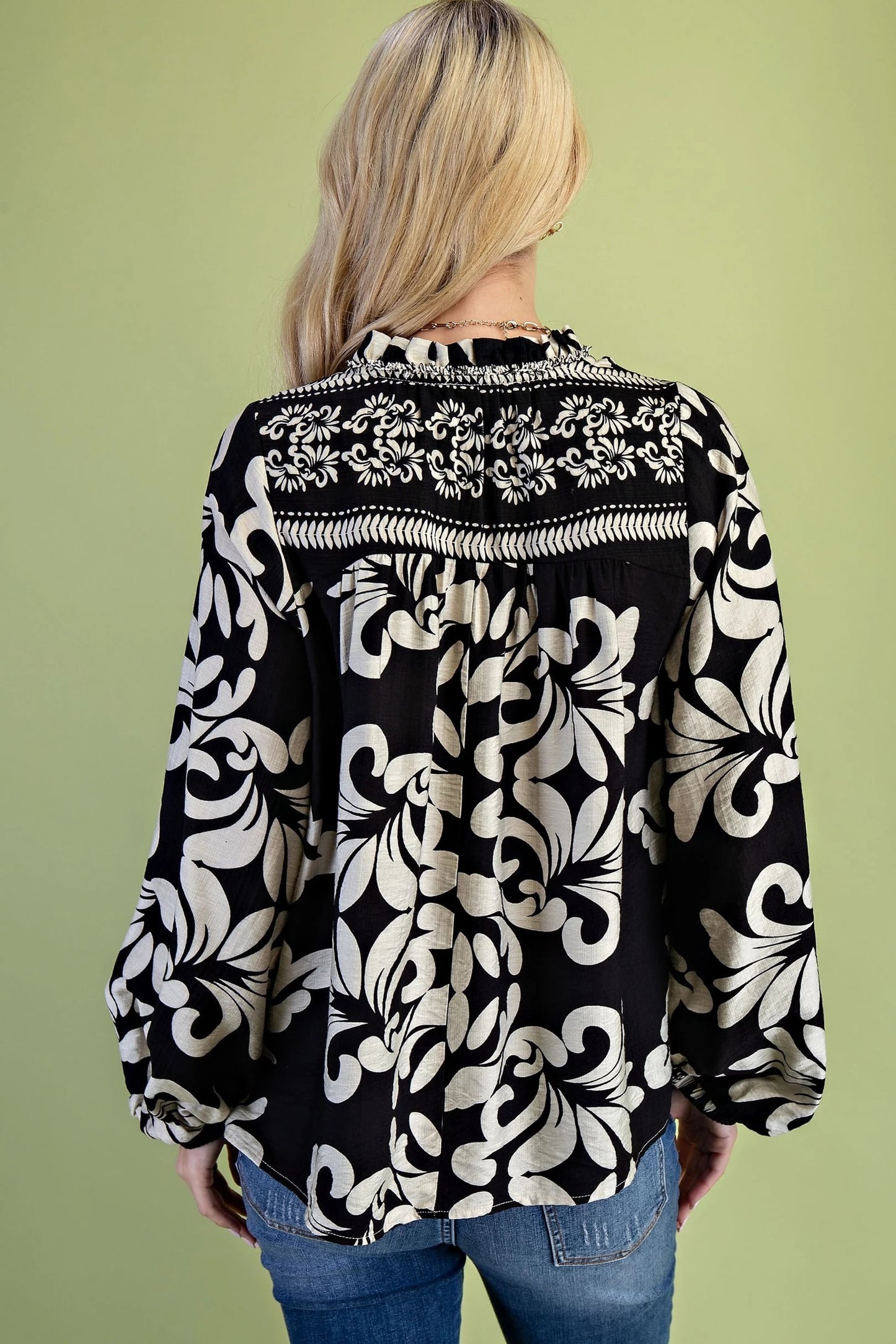 Gigio Printed Long Sleeve Blouse with a Ruffled Neck and Frayed Fringe Details