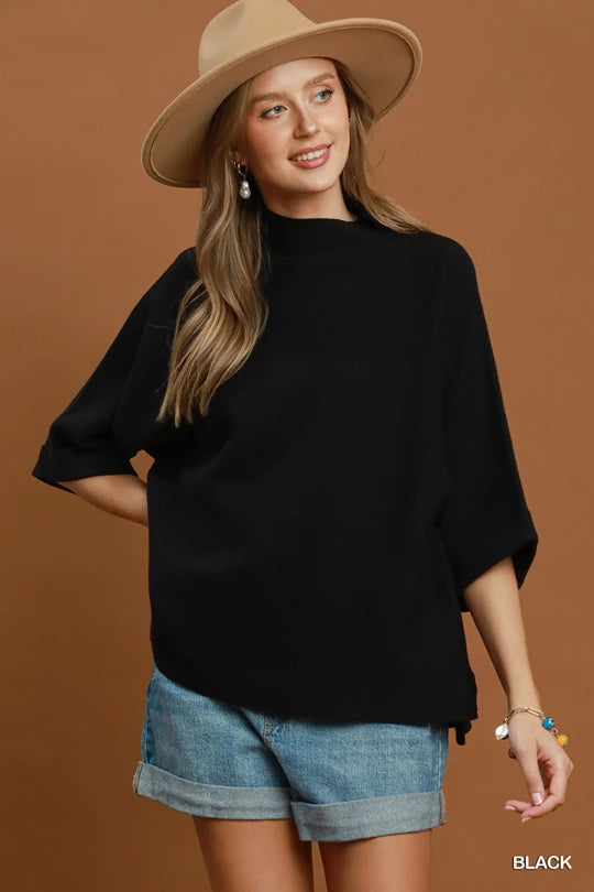 Umgee Black Mock Neck Dolman Sleeves Sweater Top