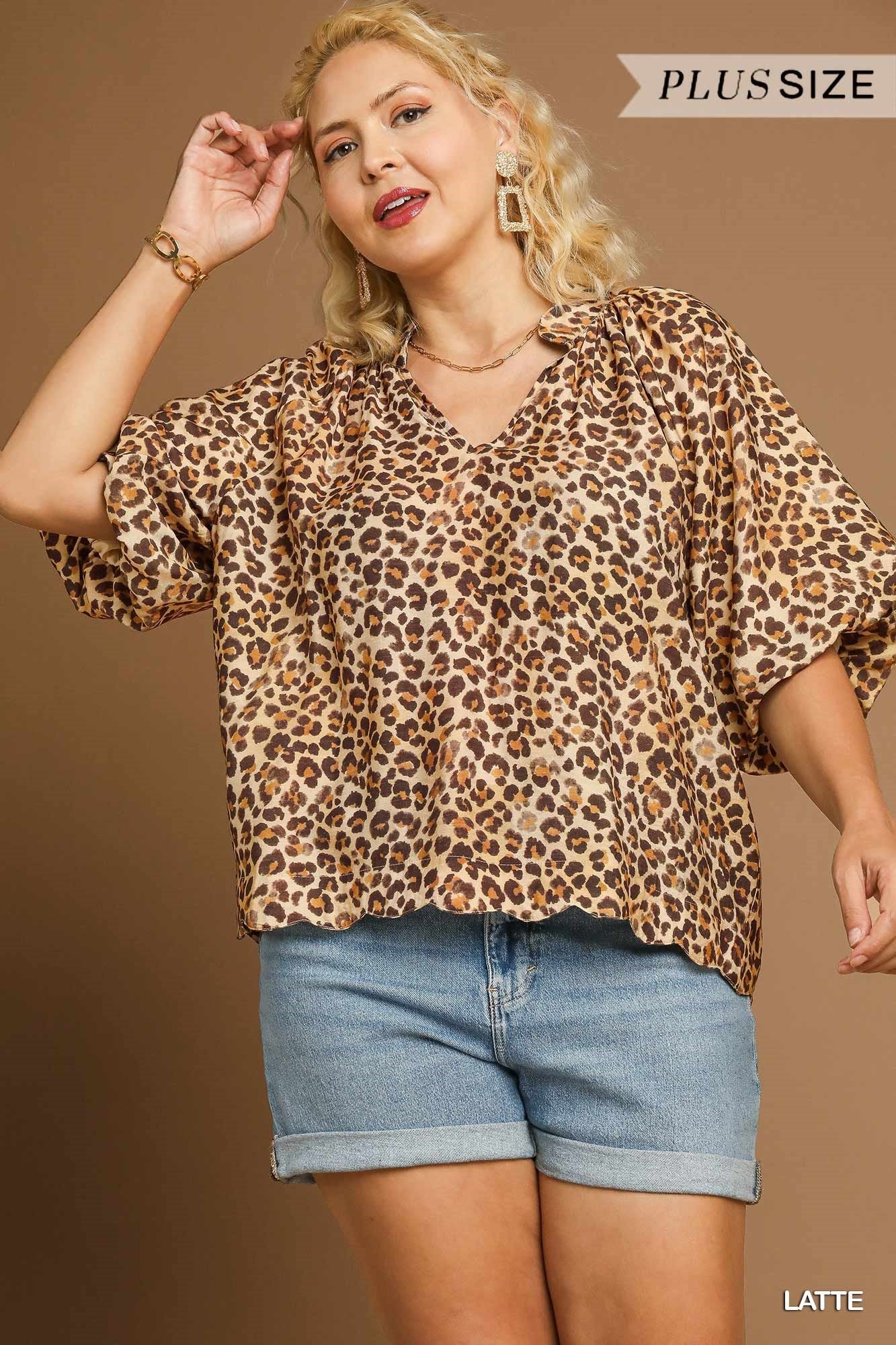 Umgee Plus Size Latte Scallop Hem Leopard Print Blouse