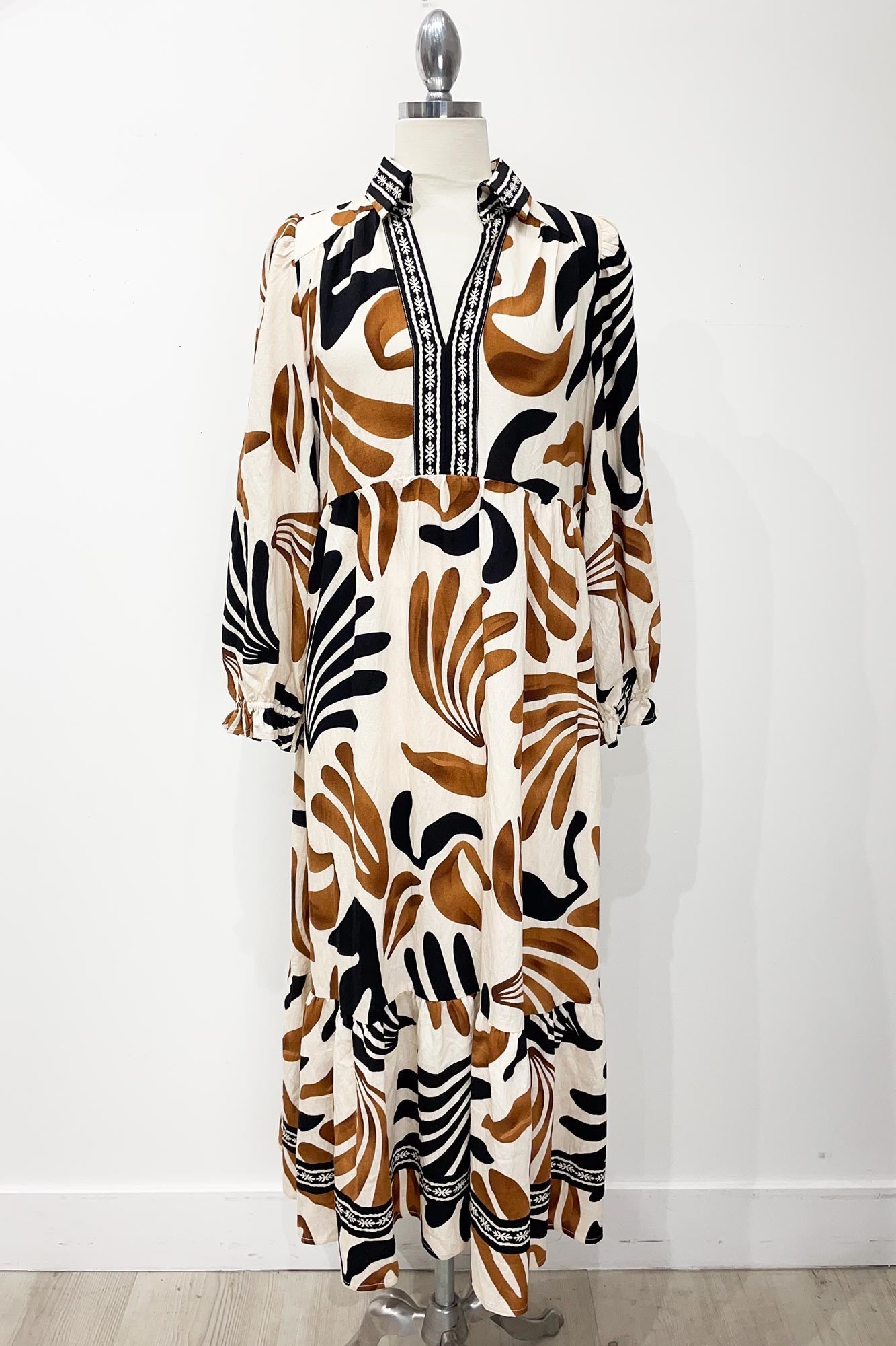 Umgee Plus Size Taupe Boho Leafy Print Maxi Dress