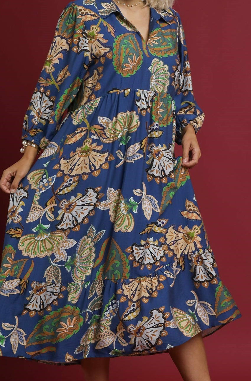 Umgee Plus Size Midnight Blooms Tiered Midi Dress