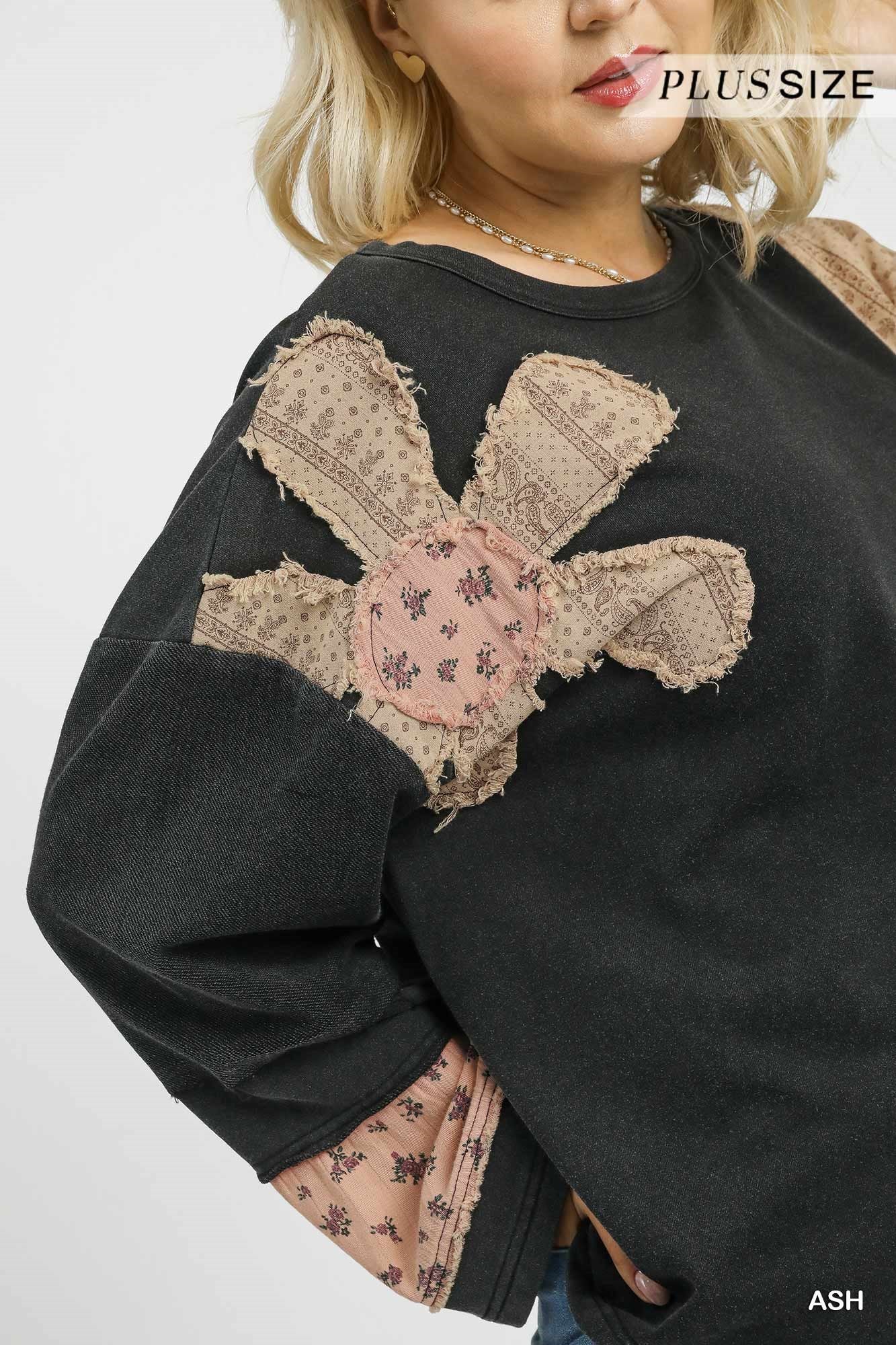Umgee Plus Size Ash Black French Terry Patchwork Sleeve Pullover