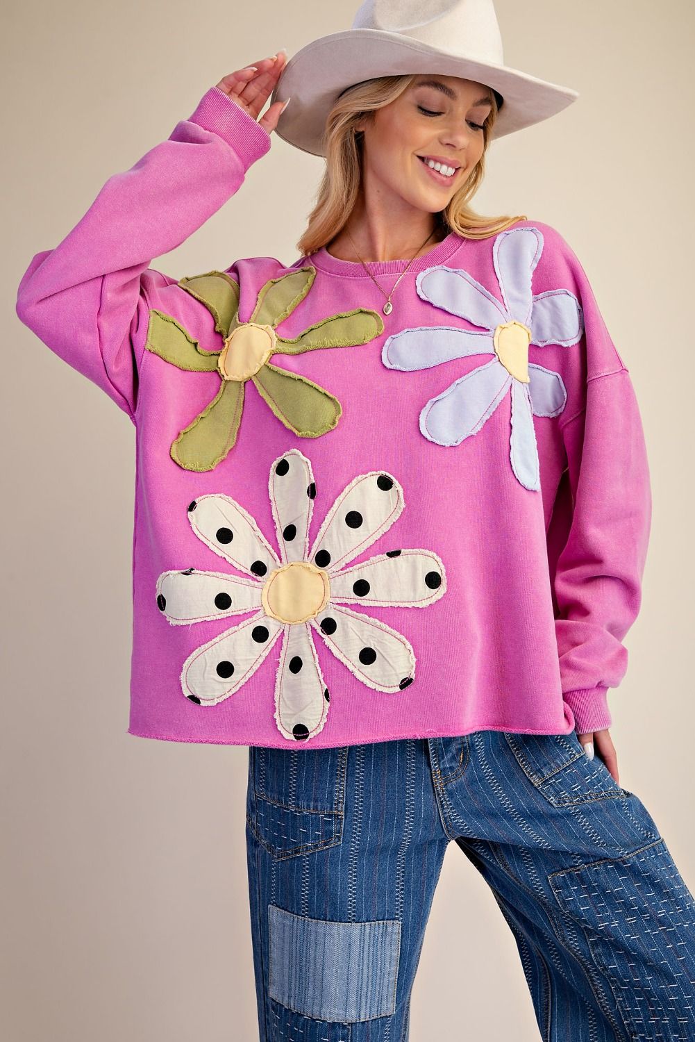 Floral Patch Front Washed Terry Pullover by Easel