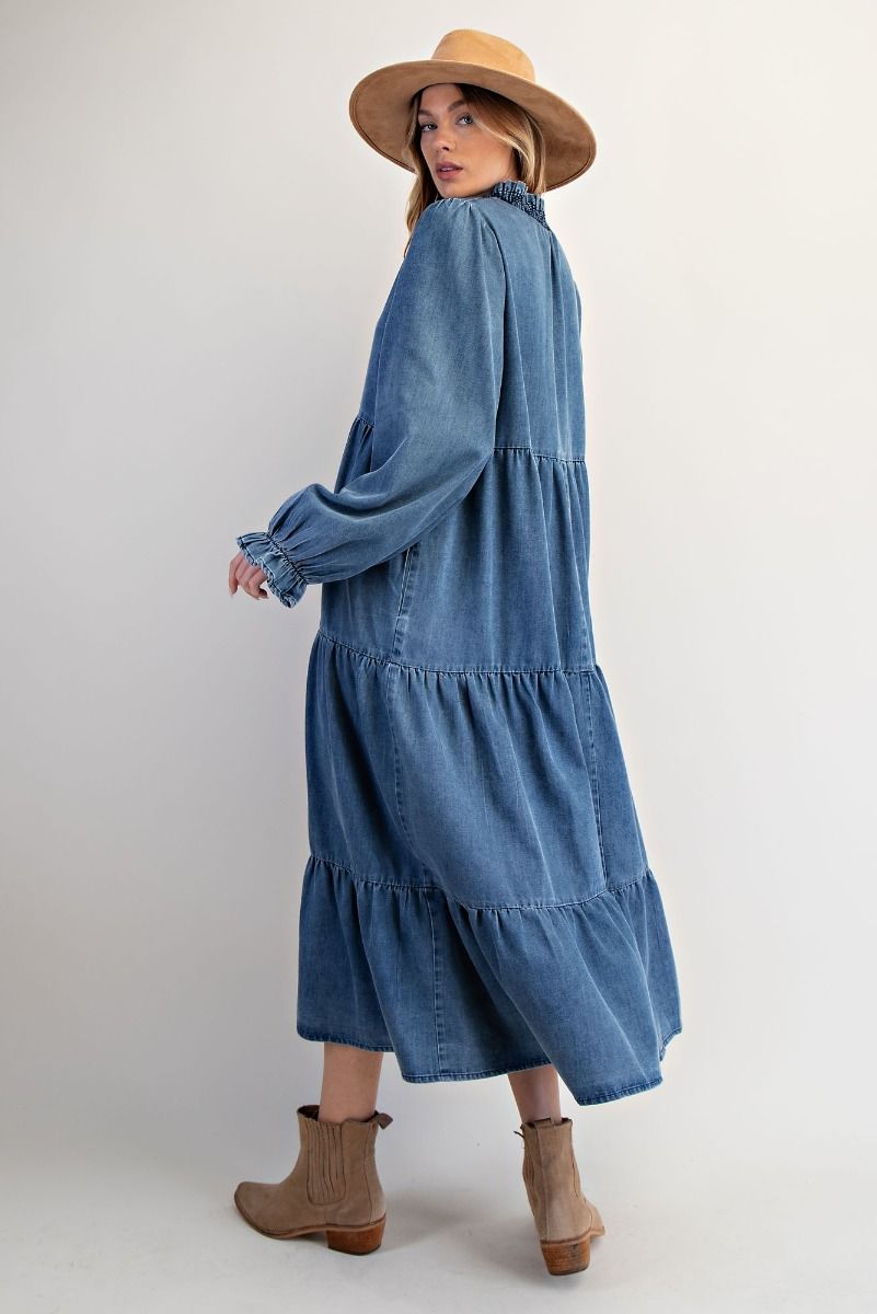 Easel Long Sleeve Smocked Neck Tiered Washed Denim Dress