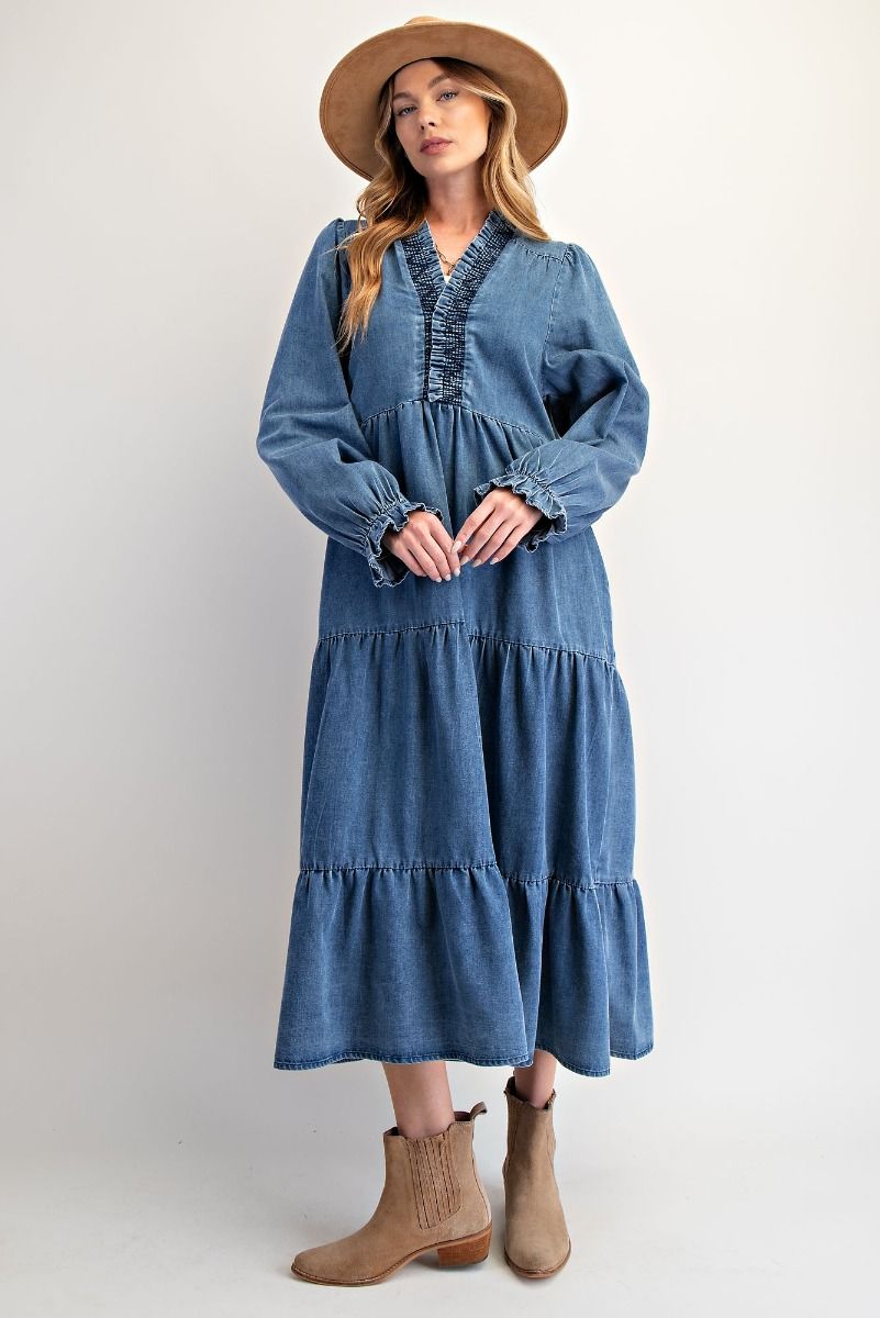 Easel Long Sleeve Smocked Neck Tiered Washed Denim Dress