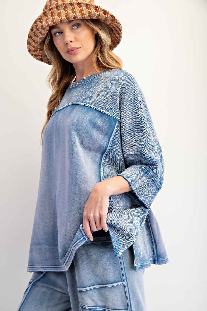 Easel Washed Denim Terry Knit Top
