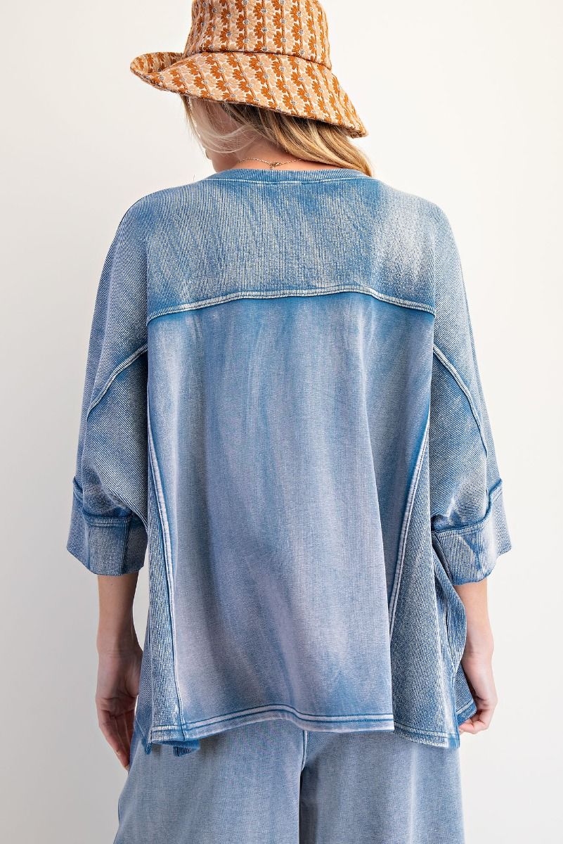 Easel Washed Denim Terry Knit Top