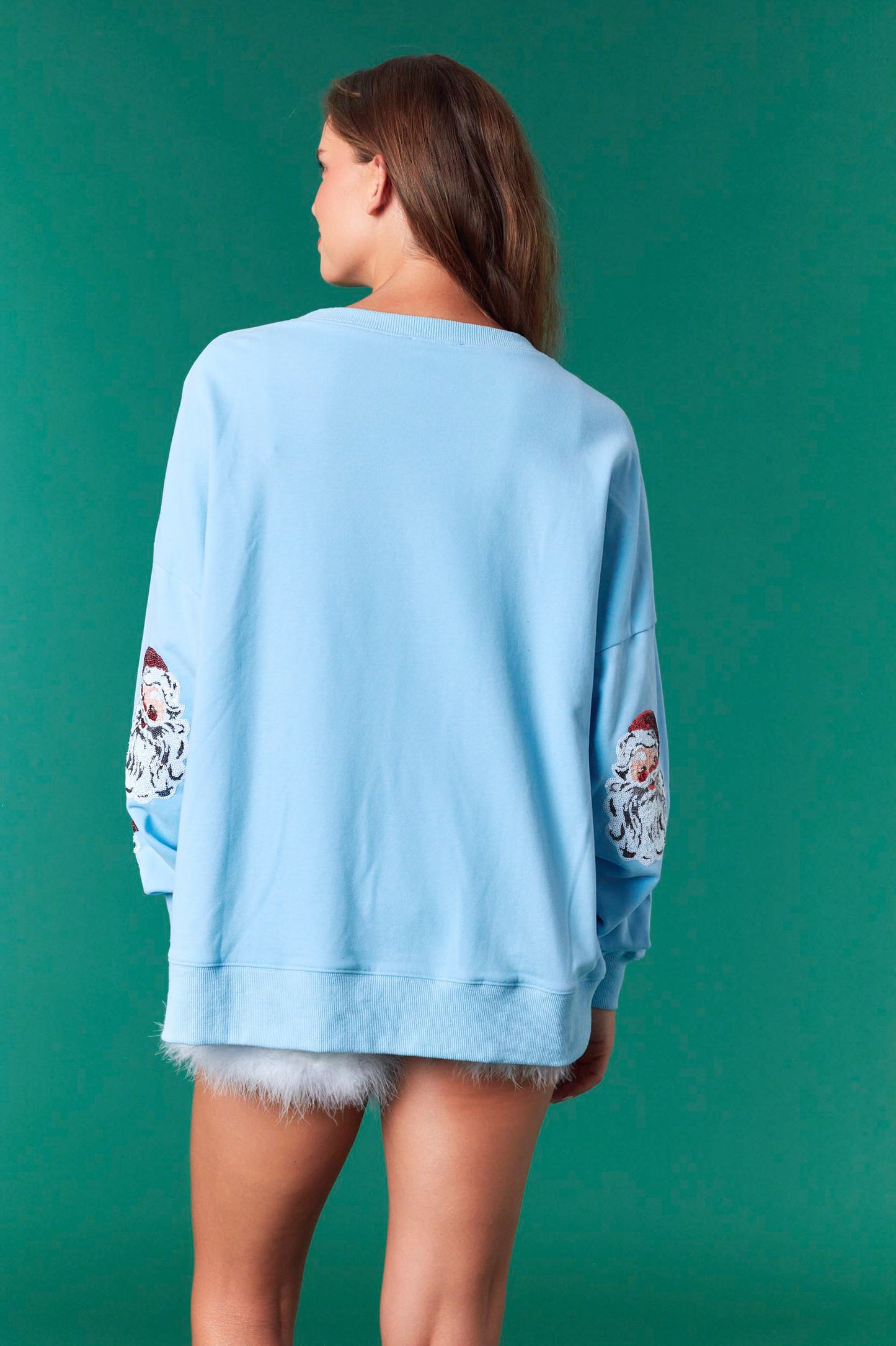 Fantastic Fawn Light Blue Sequin Santa Oversized Sweatshirt