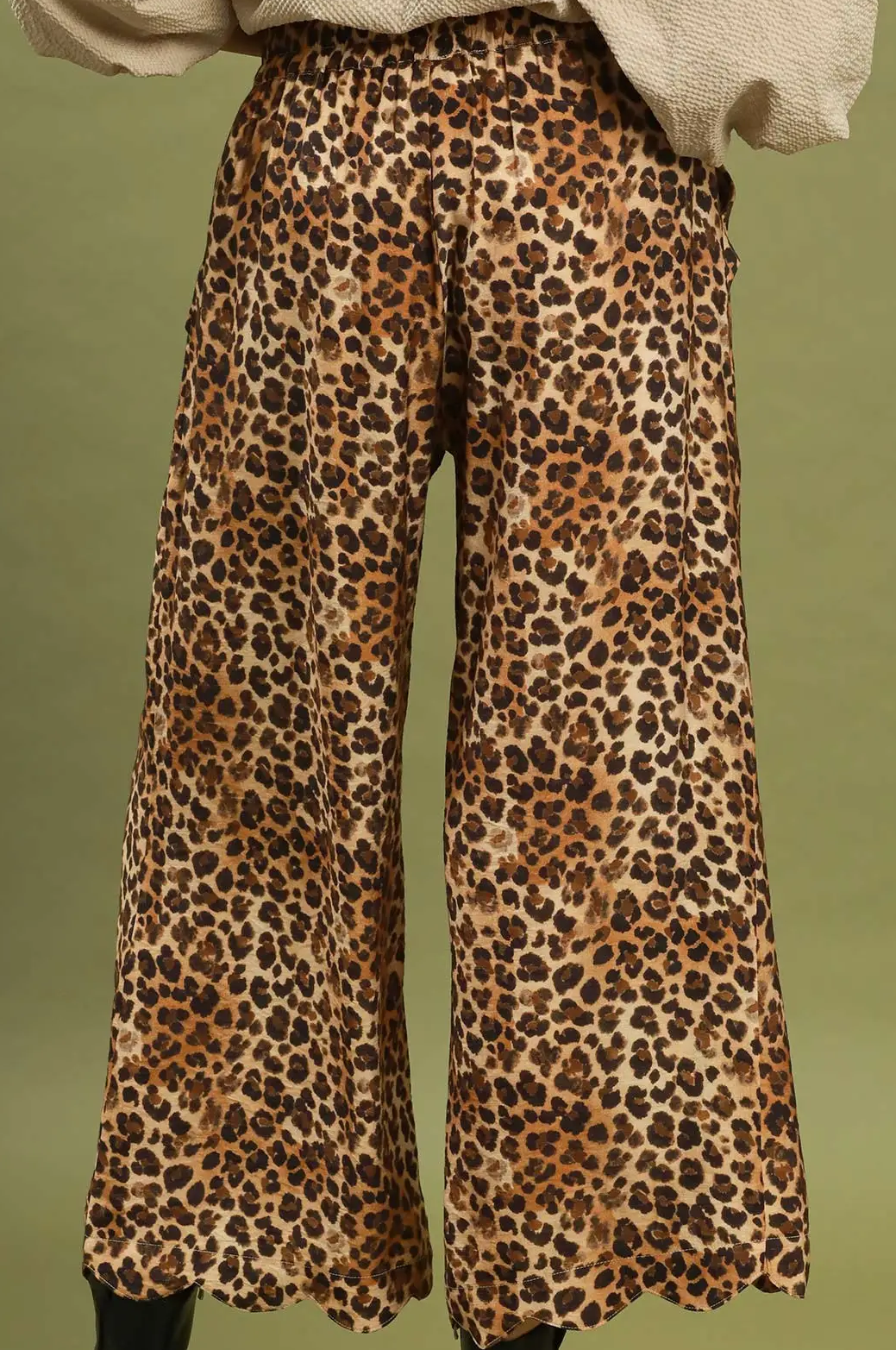 Umgee Latte Brown Leopard Print Scallop Hem Wide Leg Pants