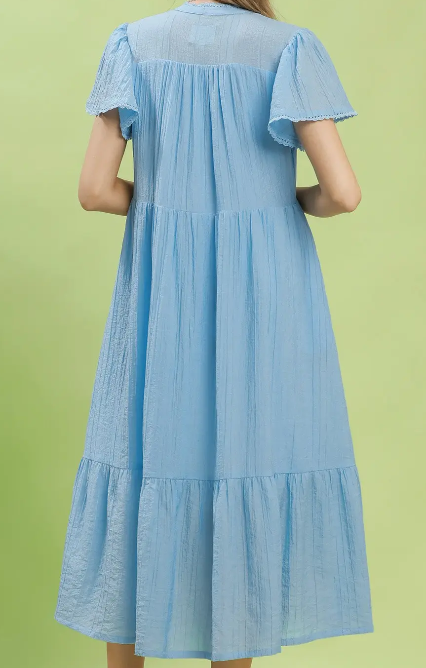 Umgee Light Blue Textured Tiered Midi Dress