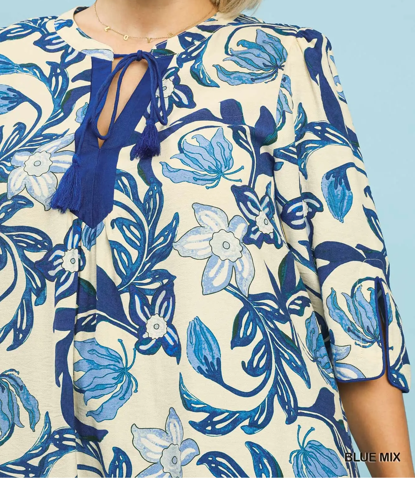 Umgee Plus Size Blue Mix Floral Print Dress w/ Tassel Tie Neck