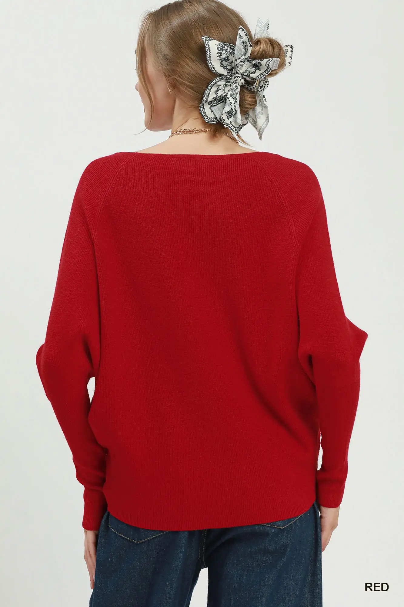 Umgee Red Boat Neck Knit Sweater Top