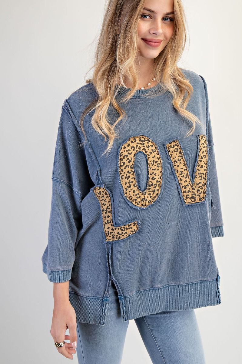 Easel Washed Denim Love Patch Front Washed Terry Pullover