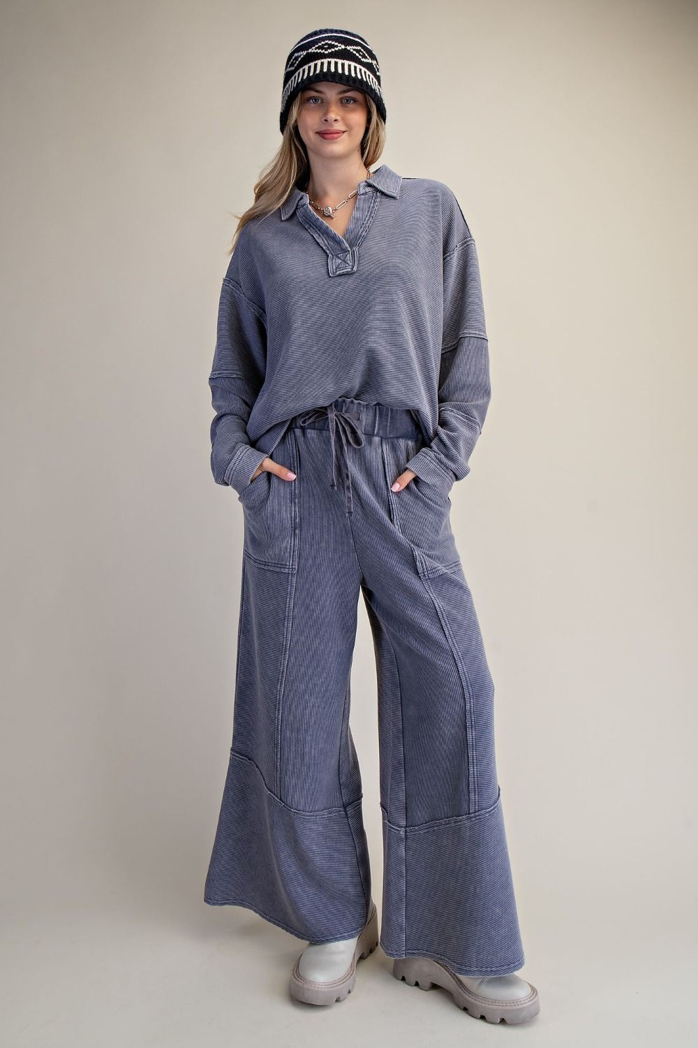 Easel Washed Denim Textured Mineral Washed Bell Bottom Pants