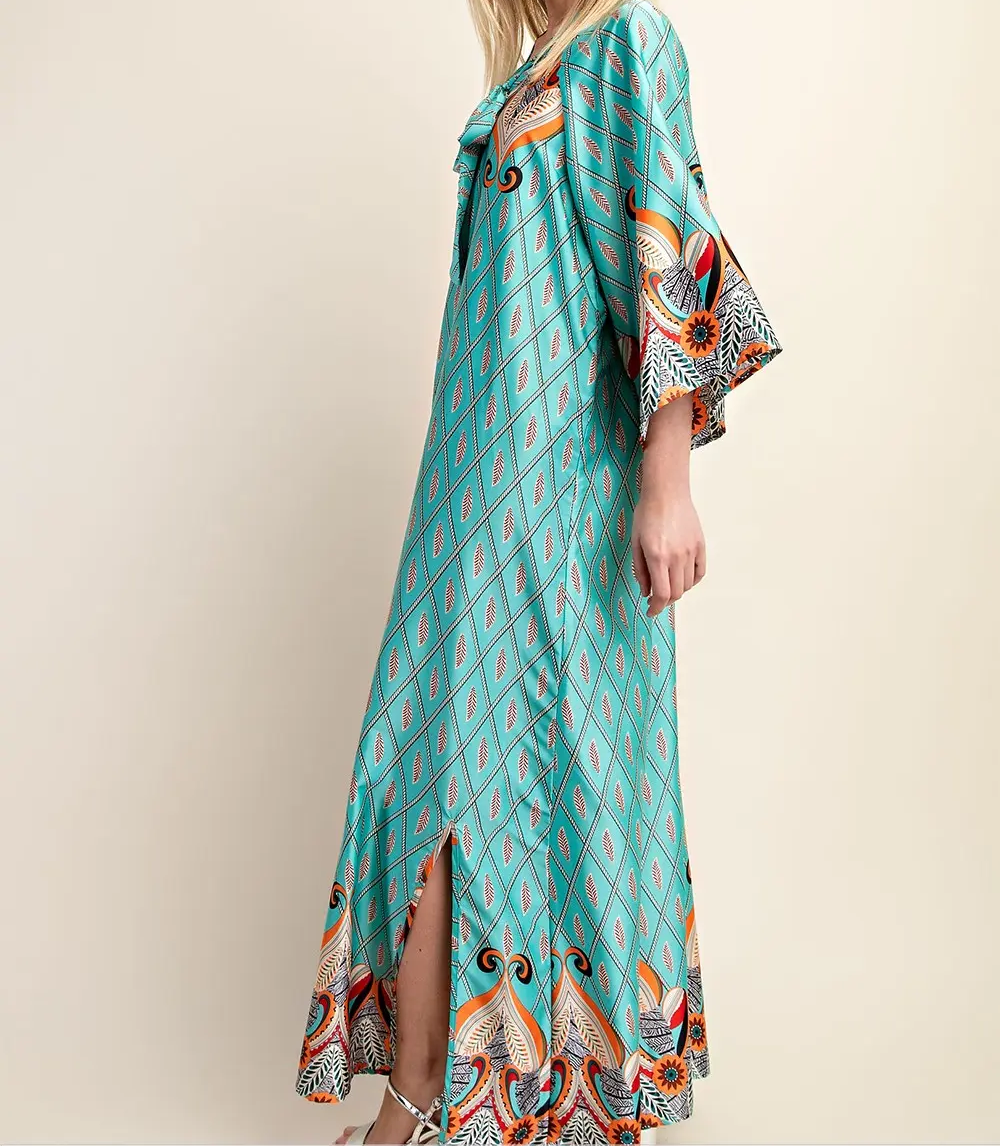 Gigio Plus Size Printed Lounge Maxi Dress with Neck Collar and Bow