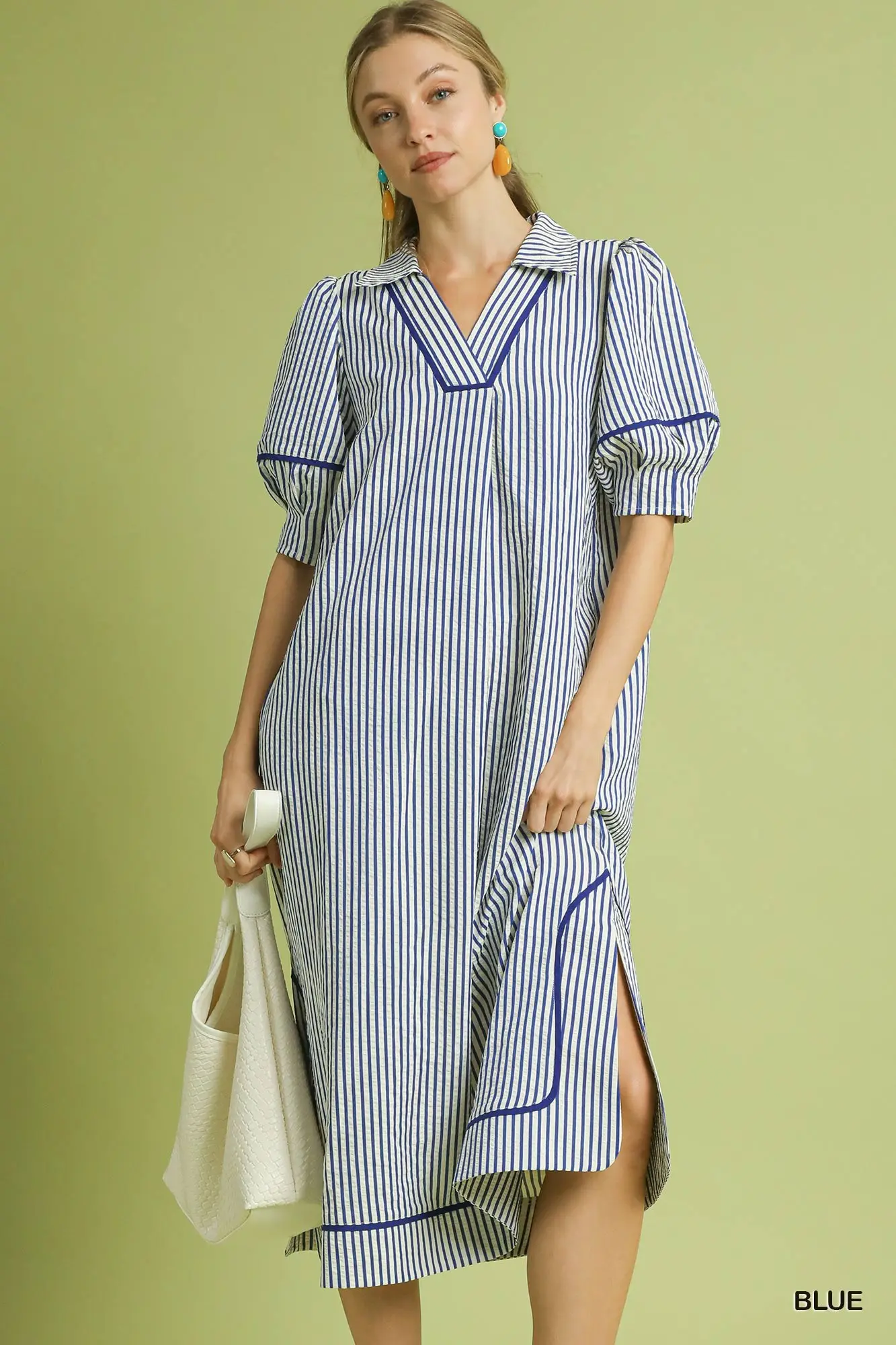 Umgee Blue Striped Midi Dress with Puff Sleeves  Robbie's of Fayette