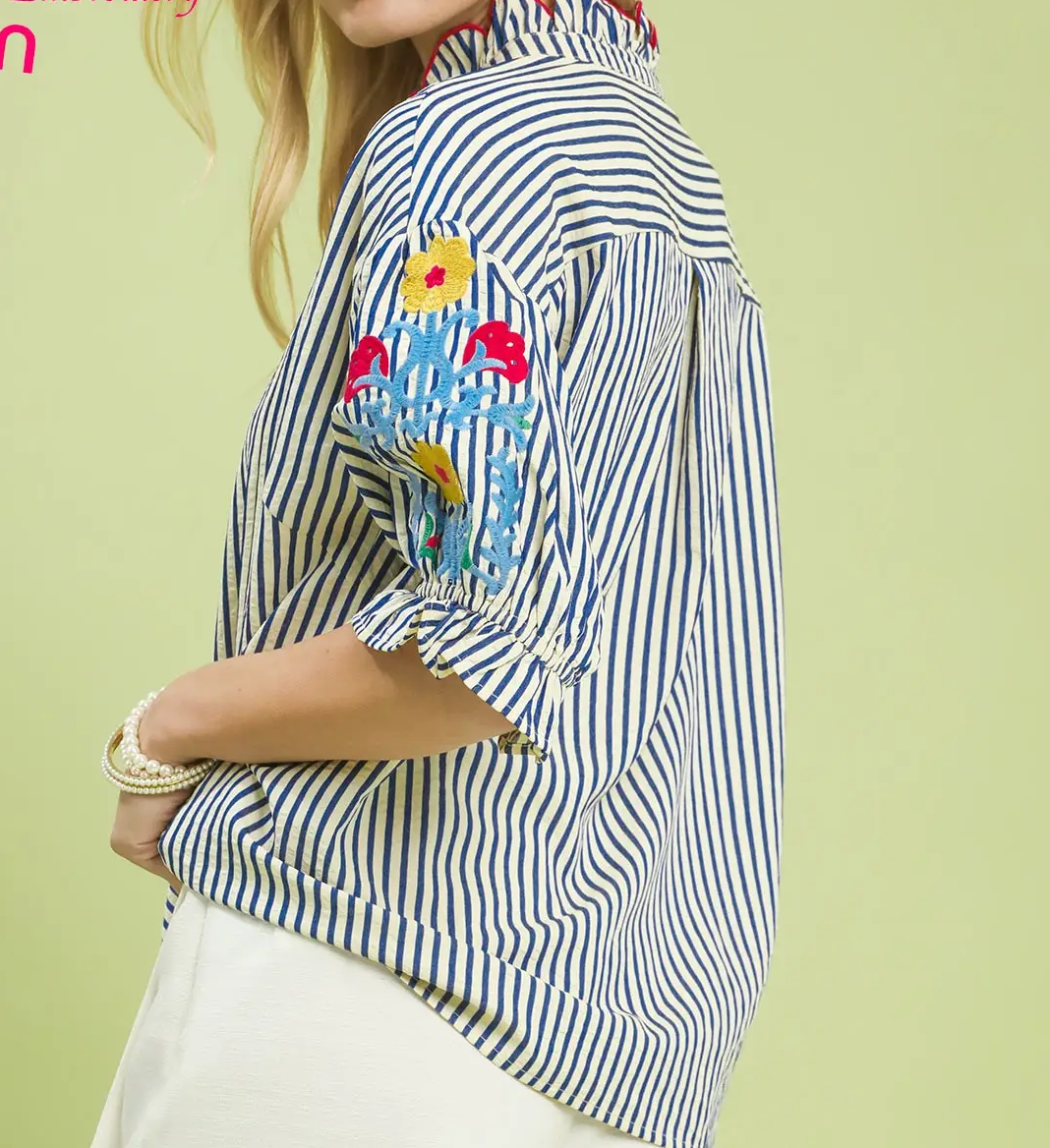 Umgee Plus Size Blue Embroidered Ruffle Trim Stripe Blouse