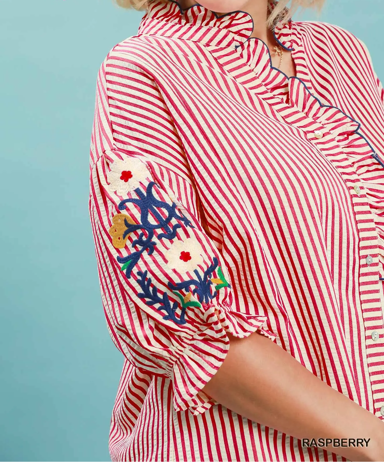 Umgee Plus Size Raspberry Embroidered Ruffle Trim Stripe Blouse