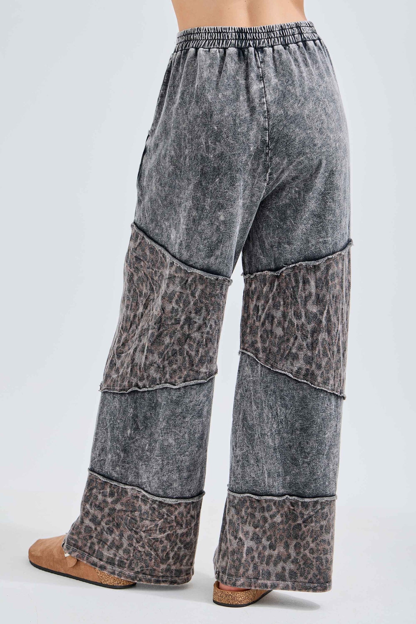J. Her Ash Black Mineral Washed Leopard Asymmetrical Tier Pants