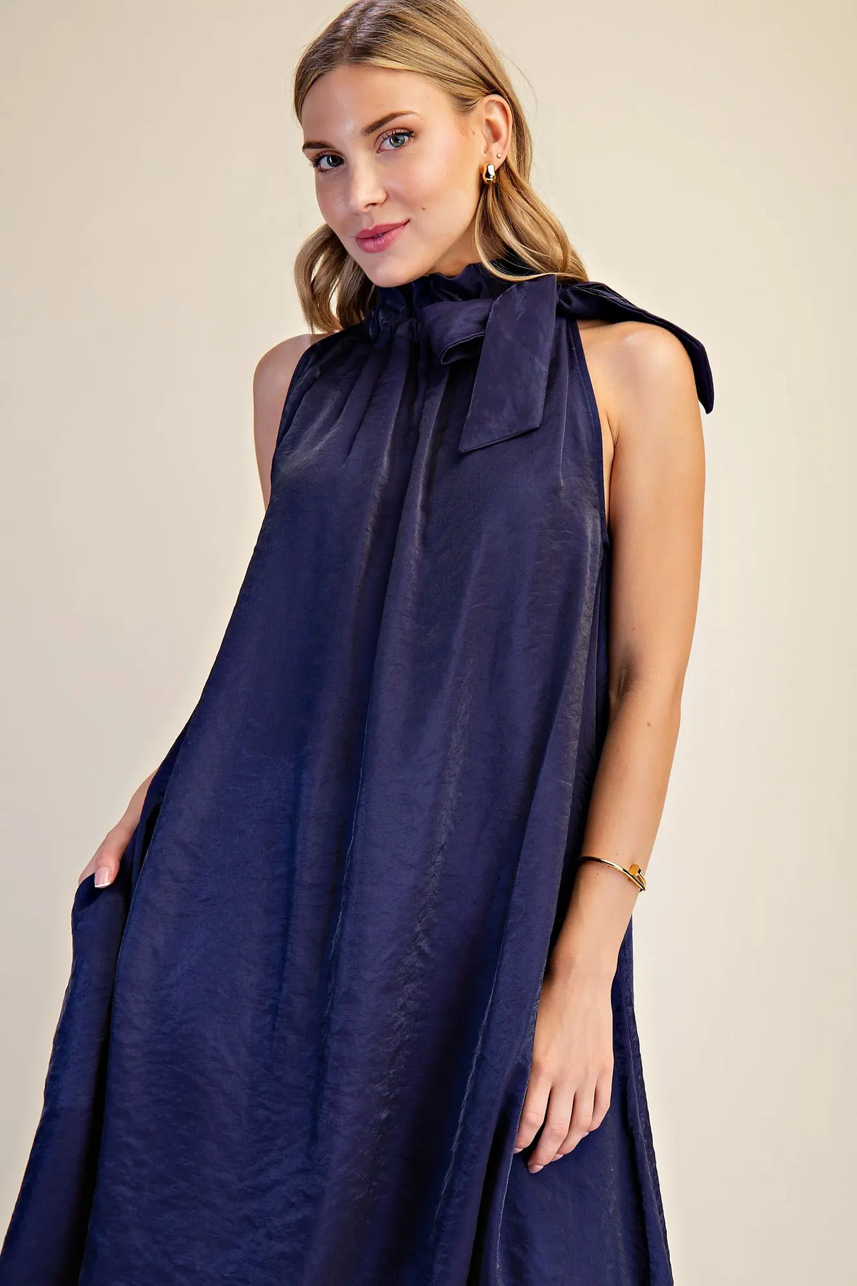 Glam Navy Ruffle Neck Adjustable Tie Lace Trim Midi Dress