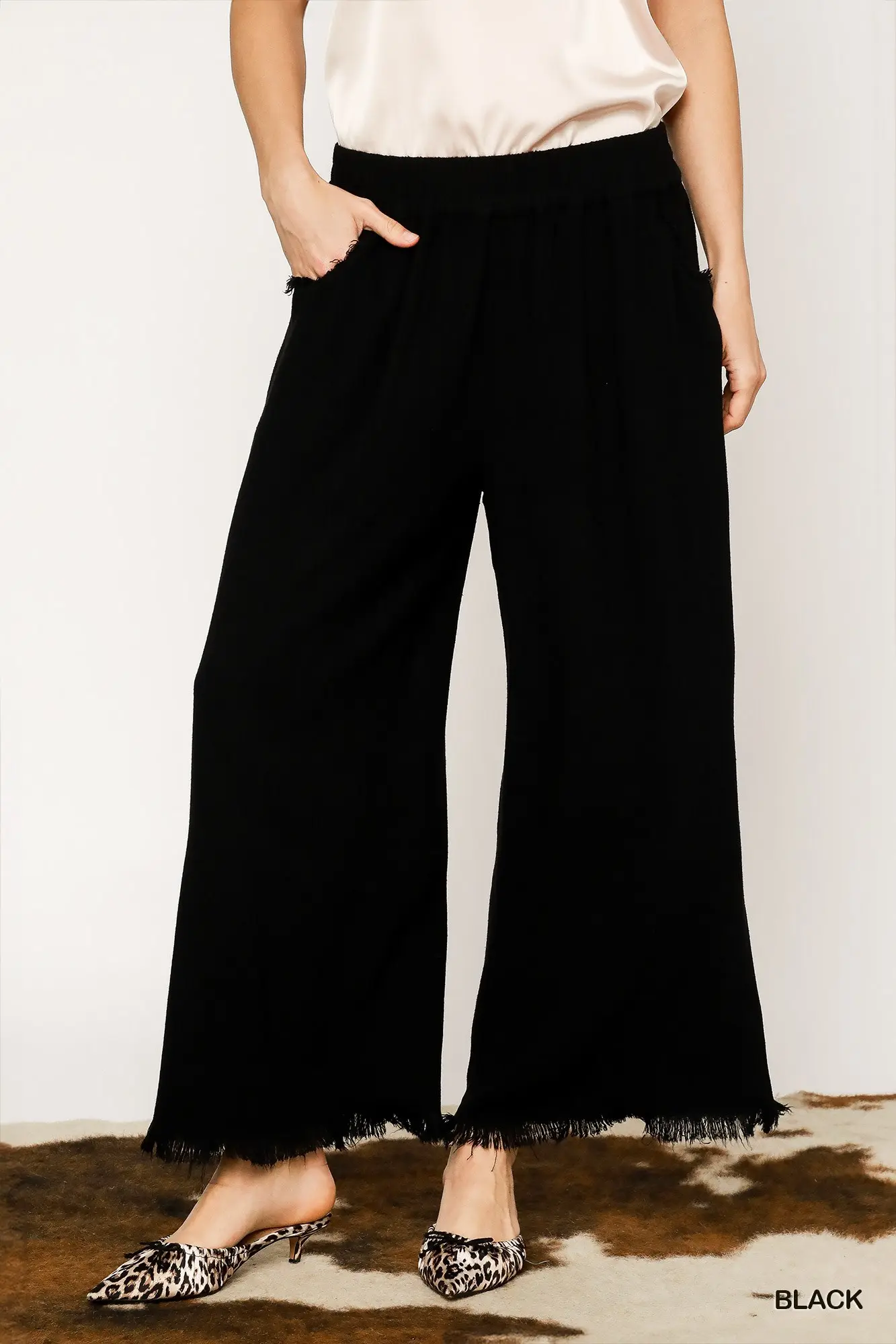 Umgee Black Frayed Hem Wide-Leg Pants