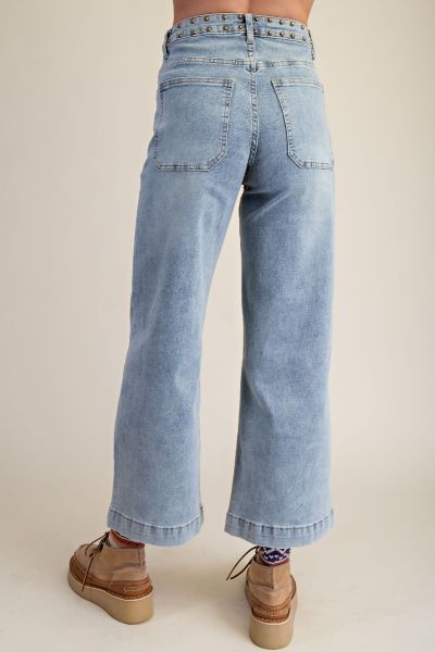 Easel Denim Stud Detailing Washed Denim Pants