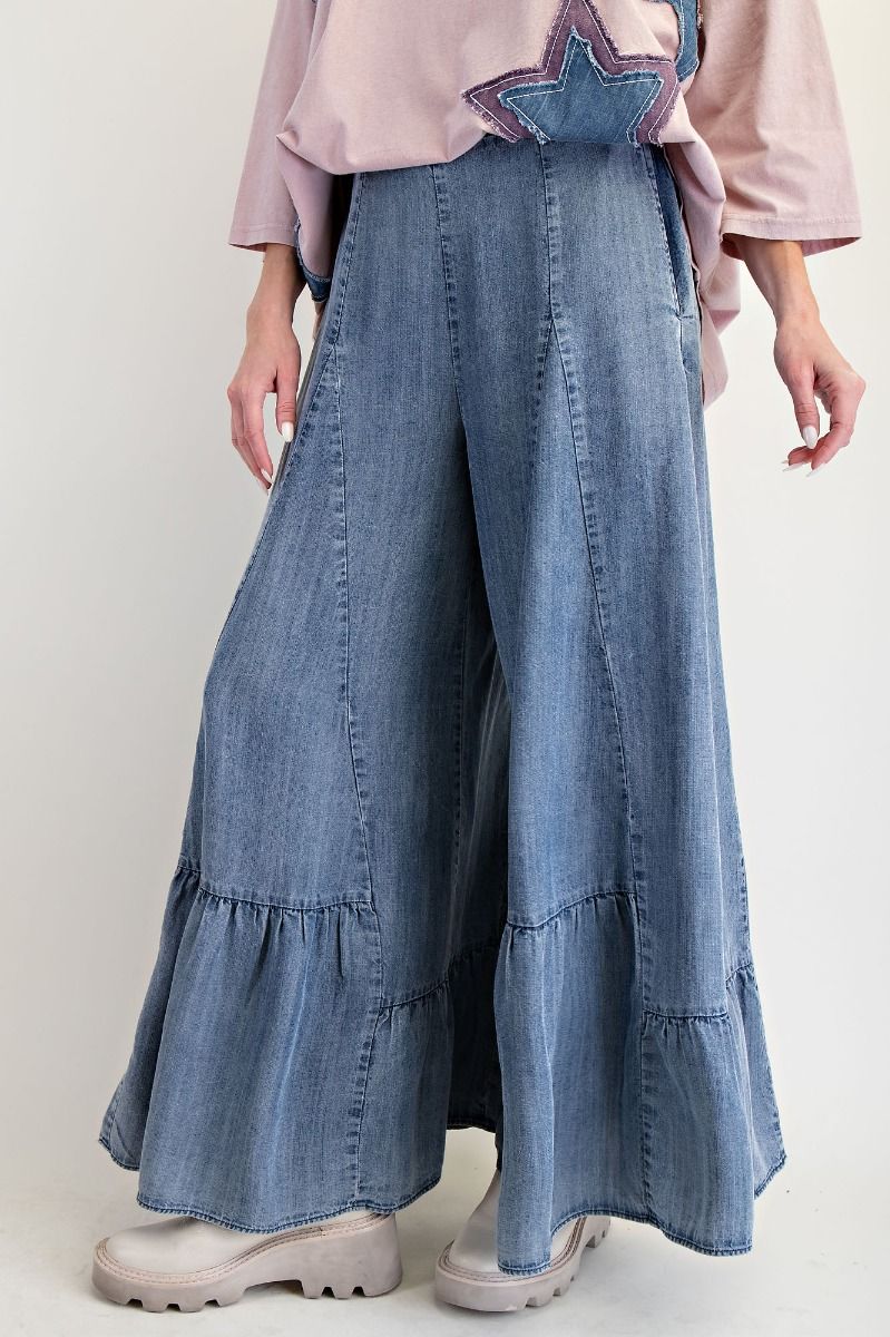 Easel Ruffle Bottom Hem Washed Denim Palazzo Pants