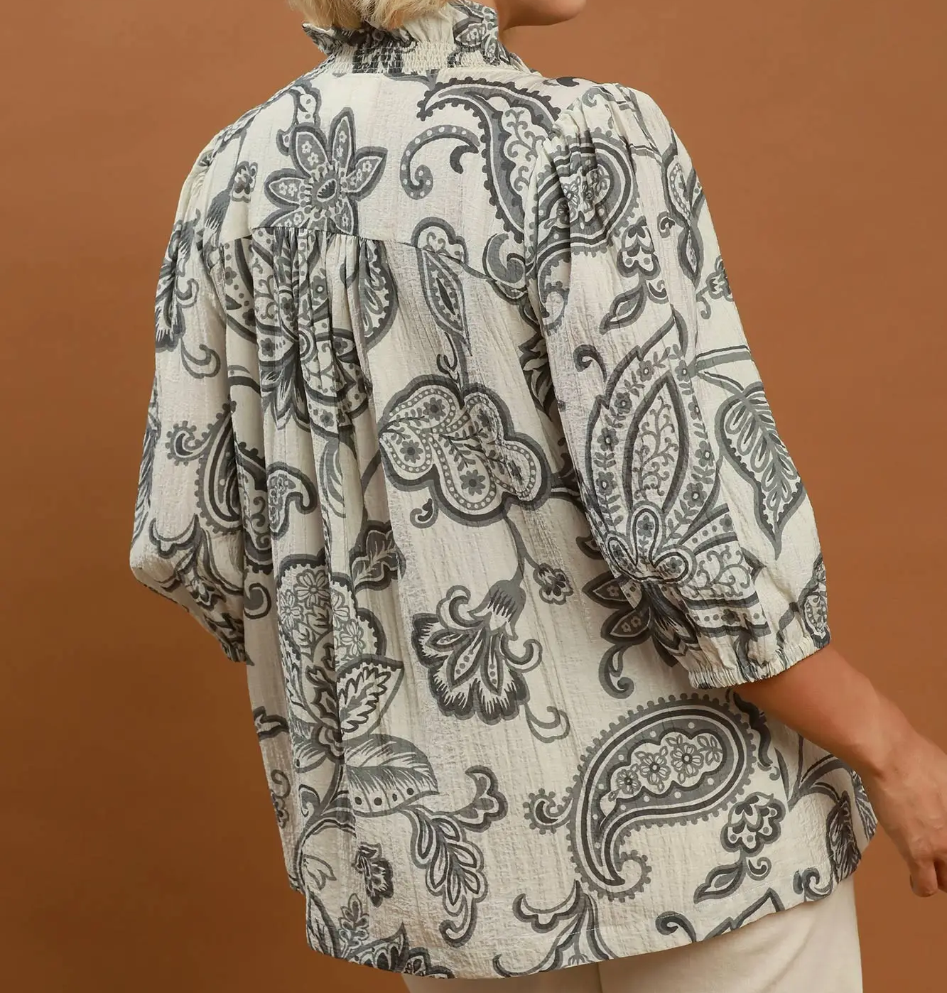 Umgee Plus Size Charcoal Abstract Print Top with Smocked Ruffled Details