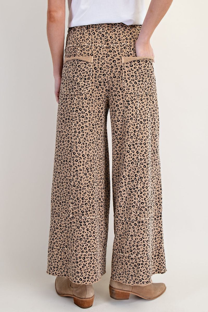 Easel Plus Size Animal Print Mineral Washed Camel Terry Knit Lounge Pants