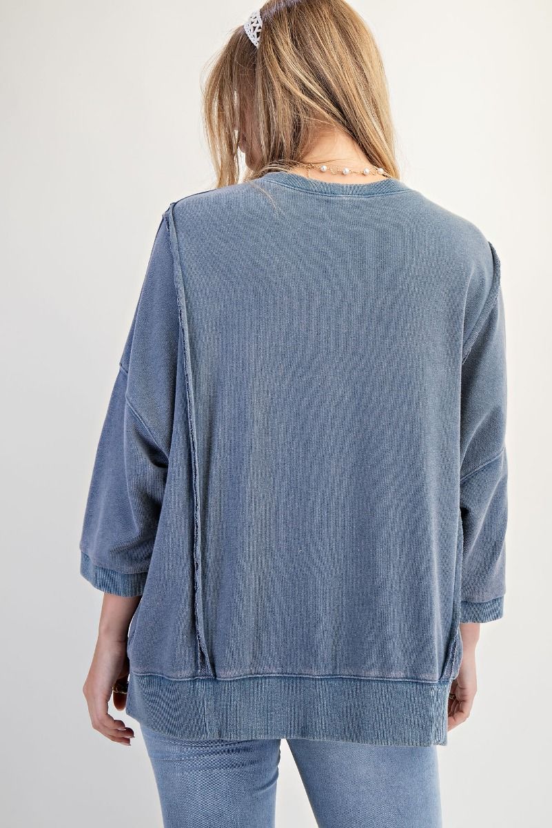 Easel Washed Denim Love Patch Front Washed Terry Pullover