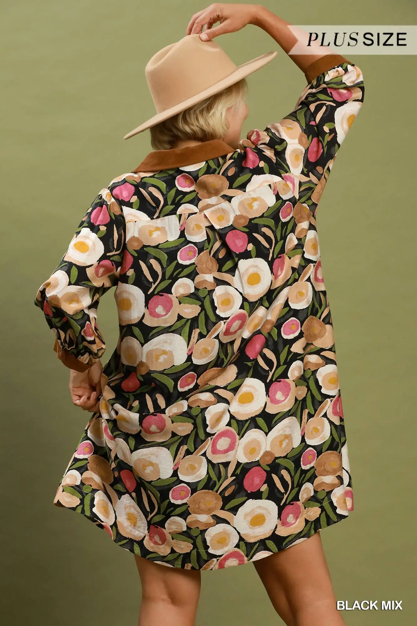 Umgee Plus Size Black Mix Floral Contrast Trim Shift Mini Dress