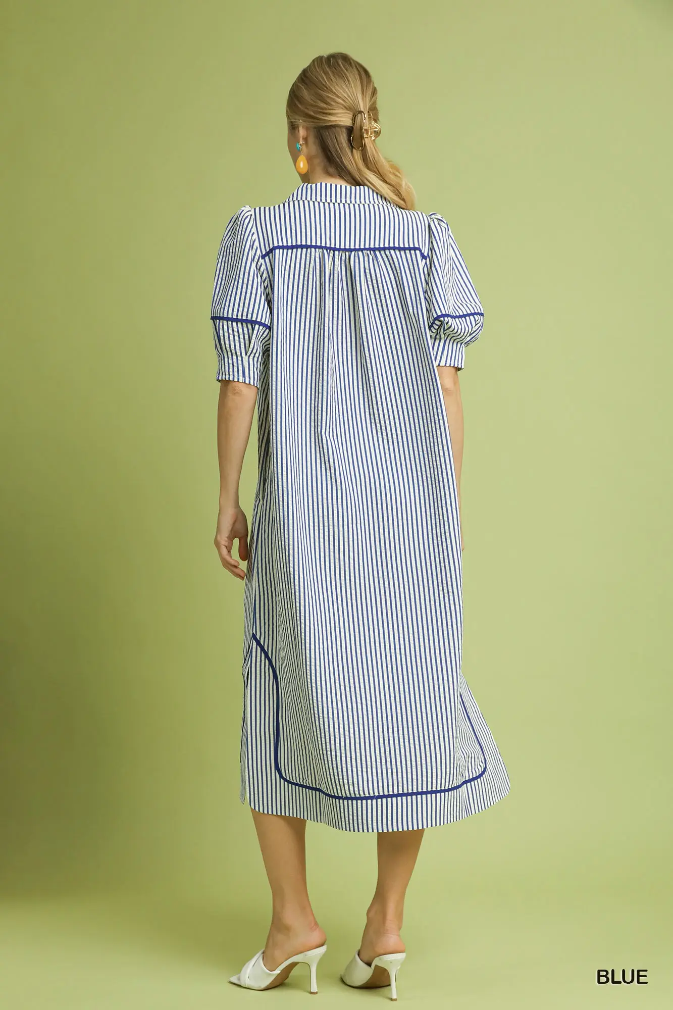 Umgee Blue Striped Midi Dress with Puff Sleeves