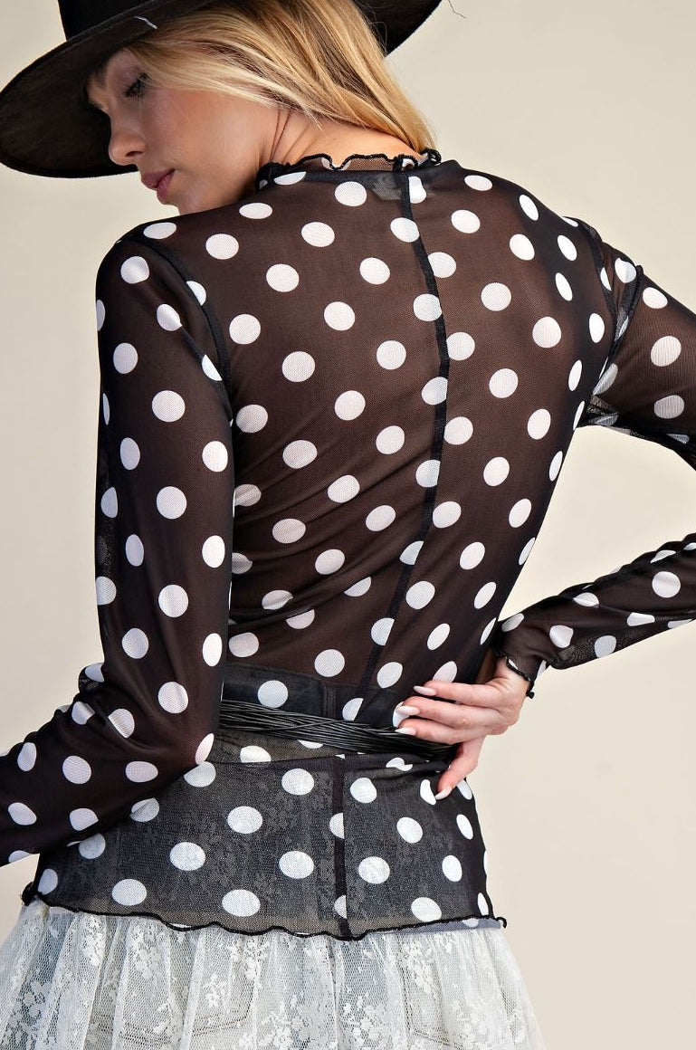 Easel Black & White DOTS PRINTED SHEER LONG SLEEVE MESH TOP