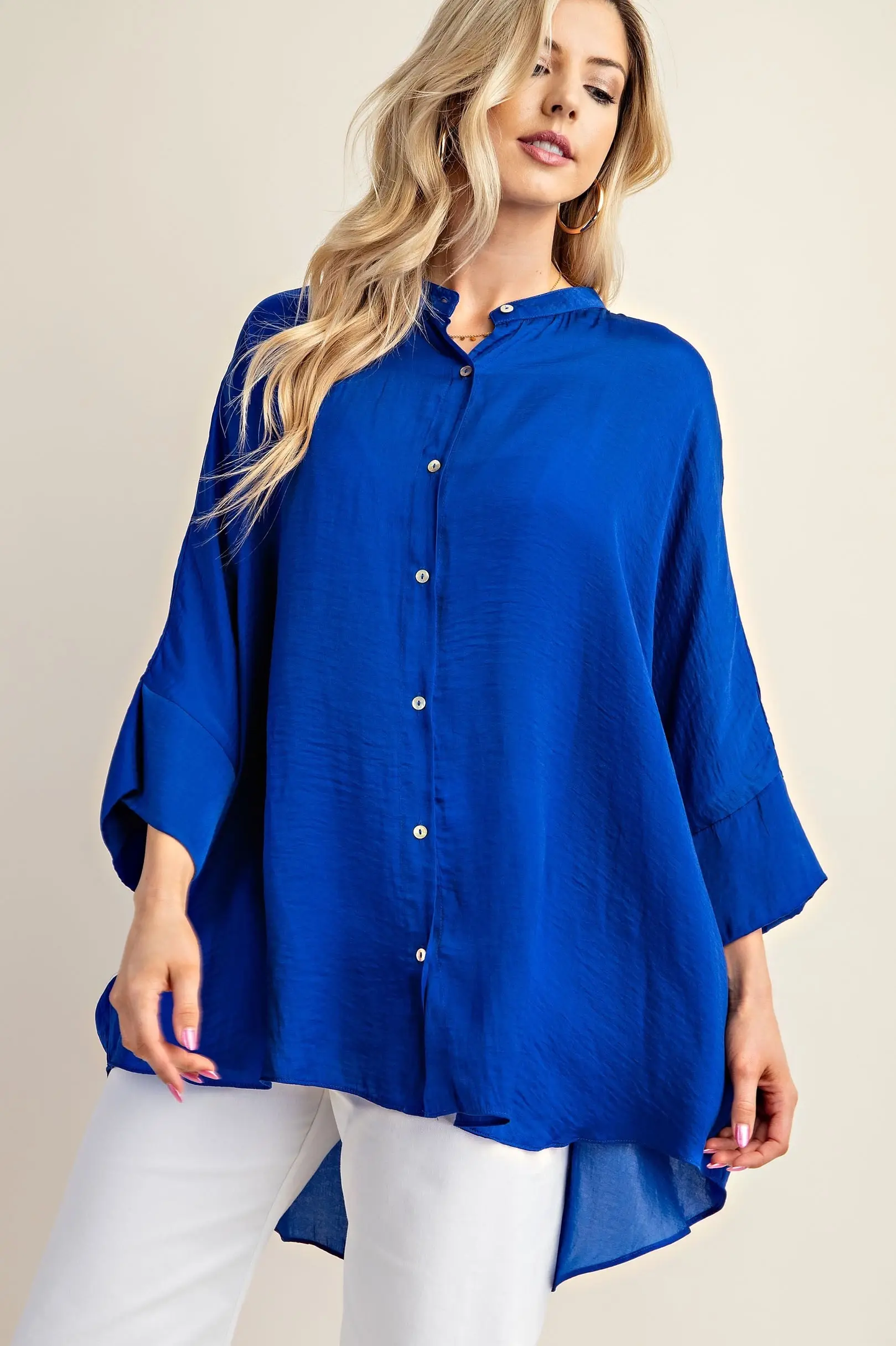Gigio Royal Blue Washed Satin Button Down Loose Fit Top with Hi-Lo Hem