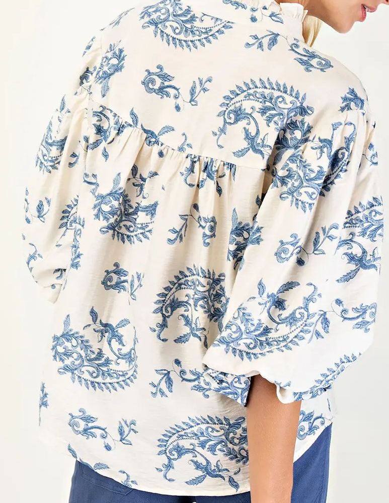 Gigio Blue Button Down Blouse with 3/4 Length Balloon Sleeves