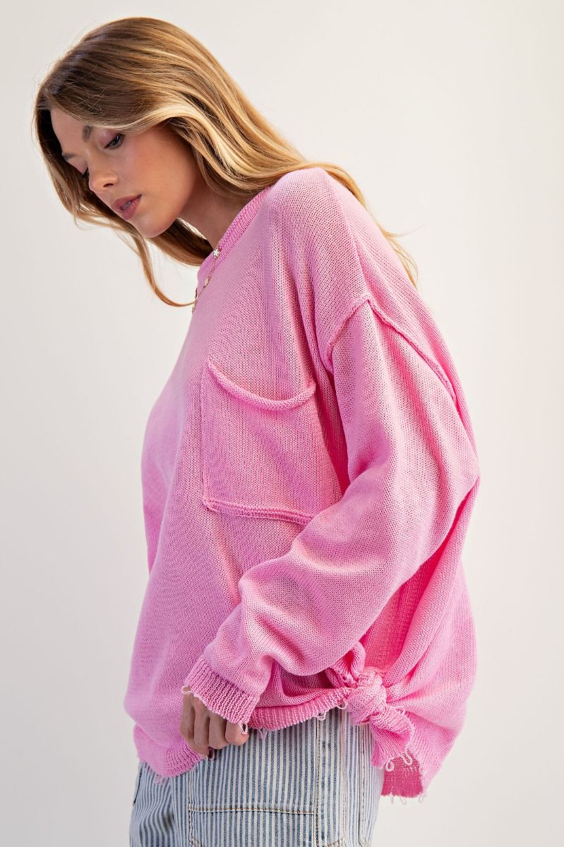 Easel Aurora Pink Long Sleeve Lightweight Knitted Sweater