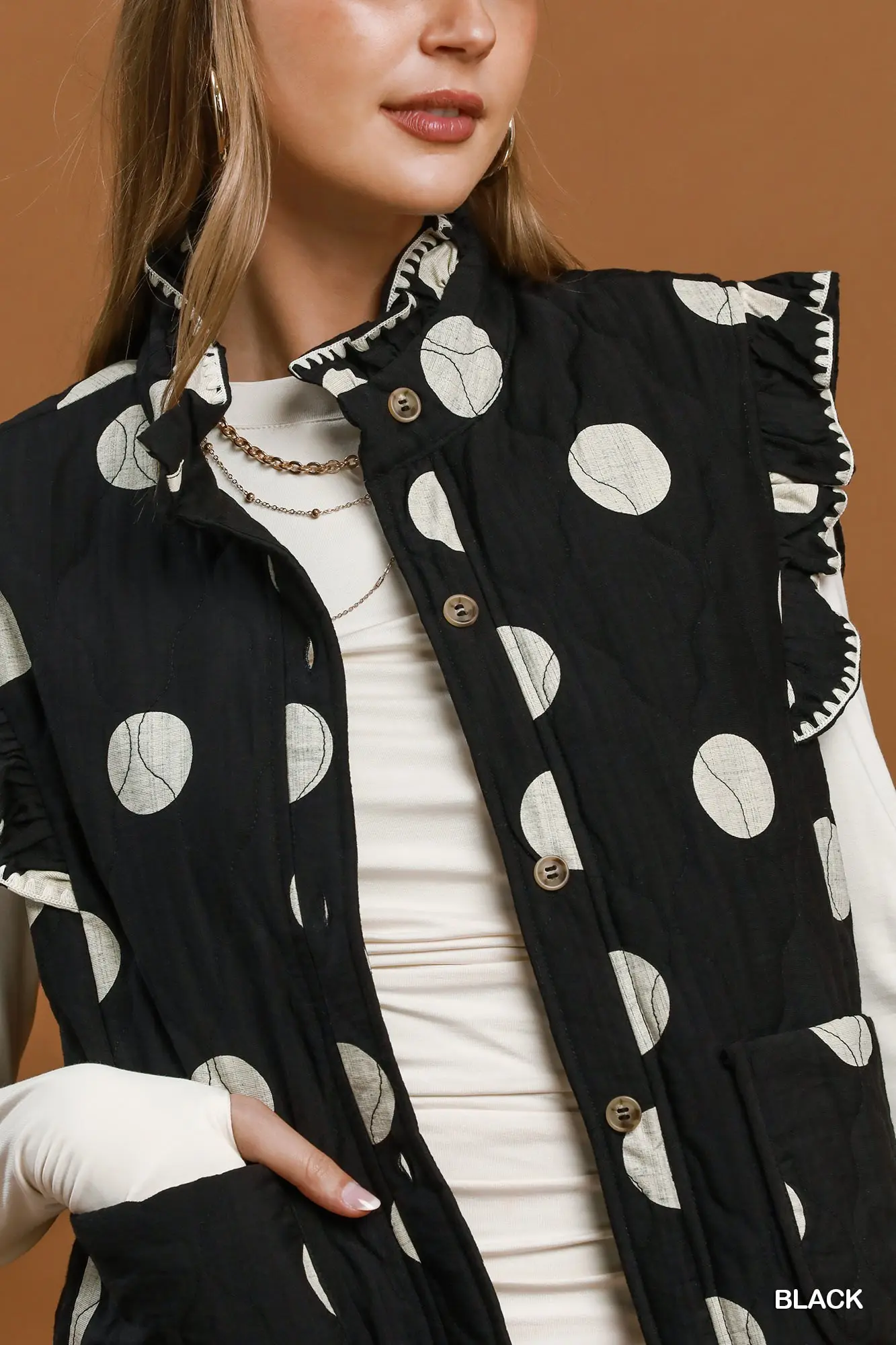 Umgee Black Polka Dot Quilted Ruffle Vest