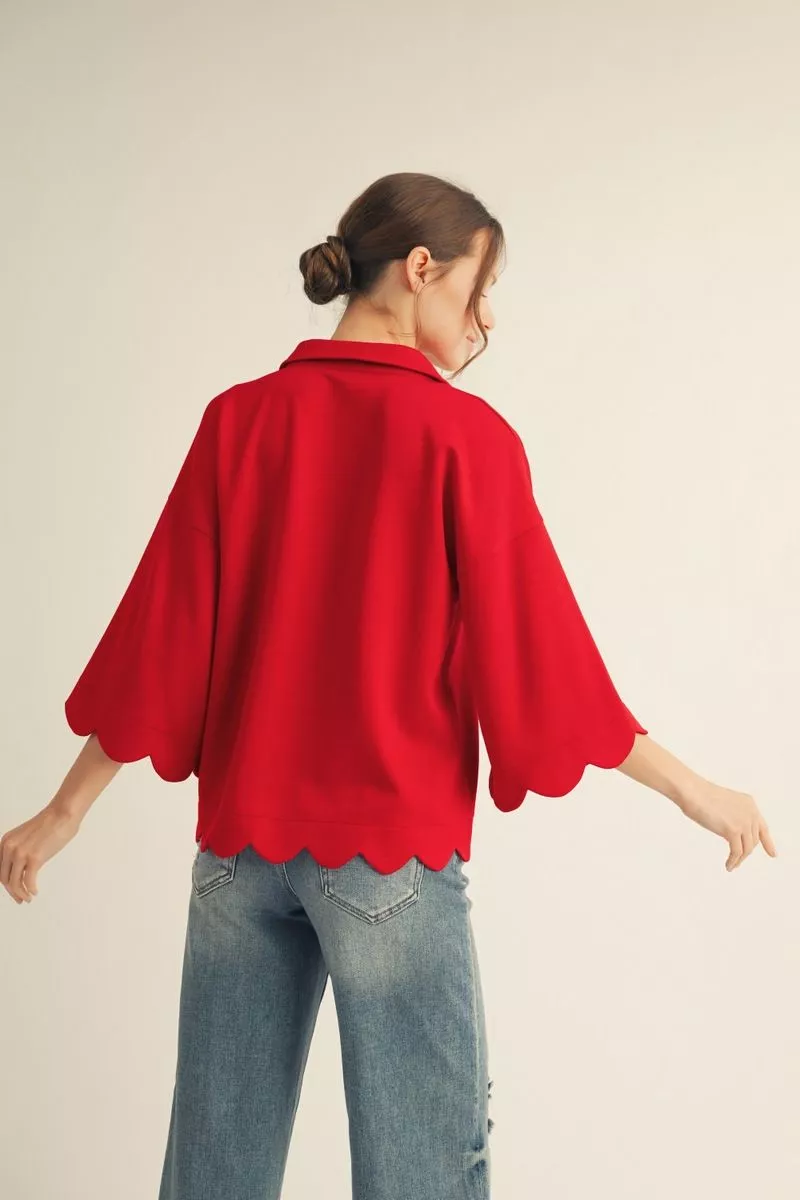 Jodifl Tomato Red V-Neck Collared Top with Scalloped Hem