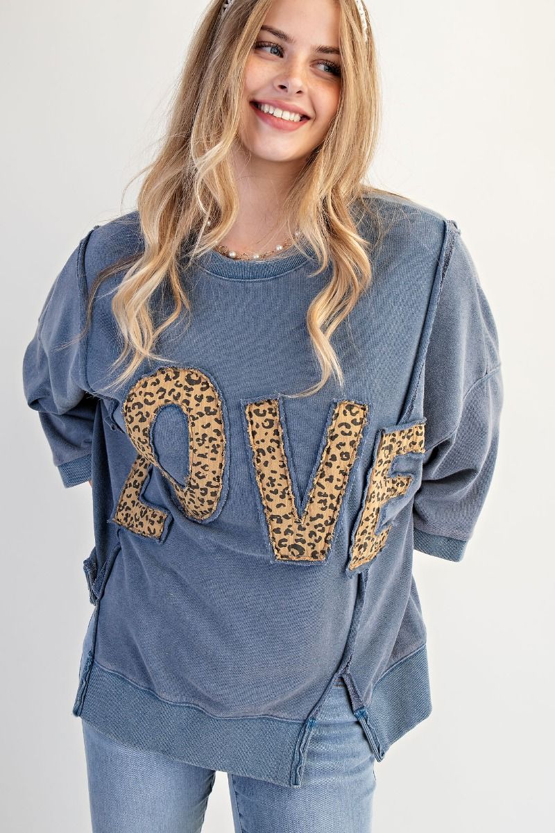 Easel Plus Size Washed Denim Love Patch Front Washed Terry Pullover