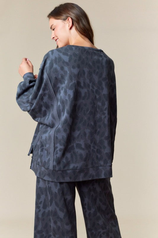 Fantastic Fawn Leopard Print Charcoal Leopard Print French Terry Pullover