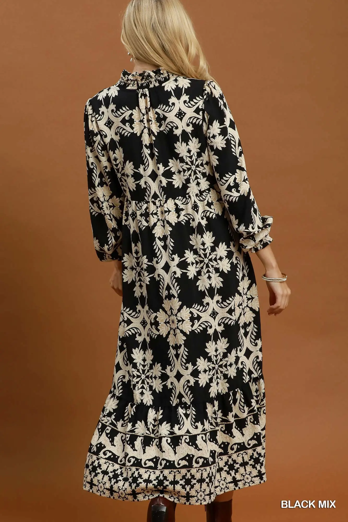 Umgee Black Mix Border Print Ruffle Maxi Dress