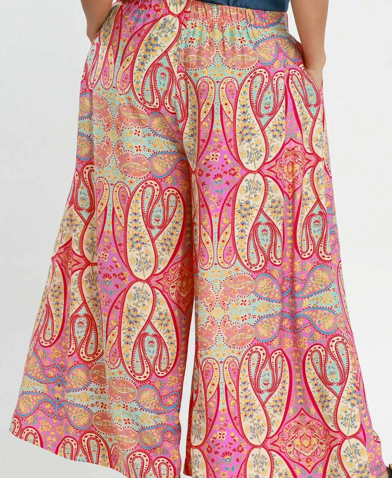 Umgee Pink Mix Printed Pull On Wide Leg Pants