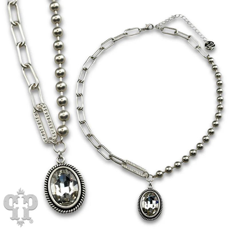 Silver Vertical oval crystal pendant on mixed chain necklace