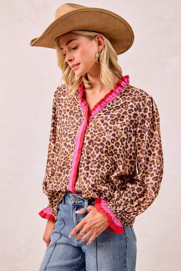 Bibi Leopard Print Top with Stripe Wavy Trim Detail