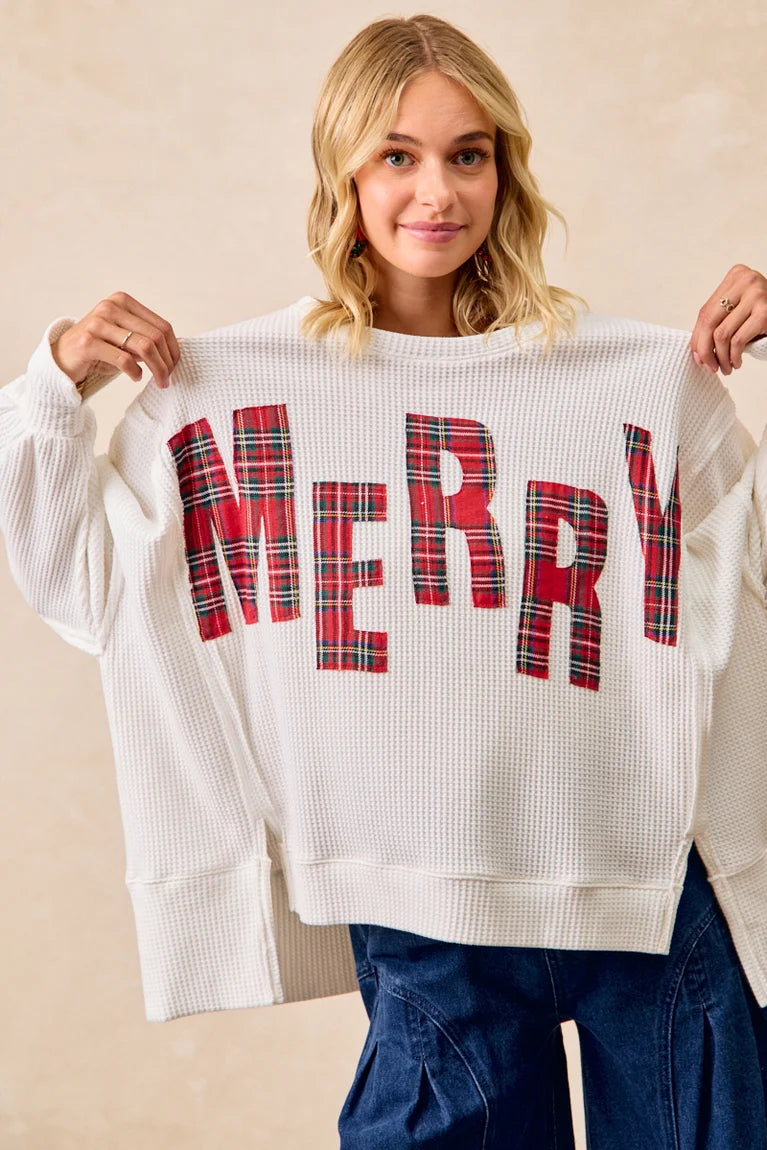 Bibi Christmas Plaid Merry Lettering Oversized Pullover