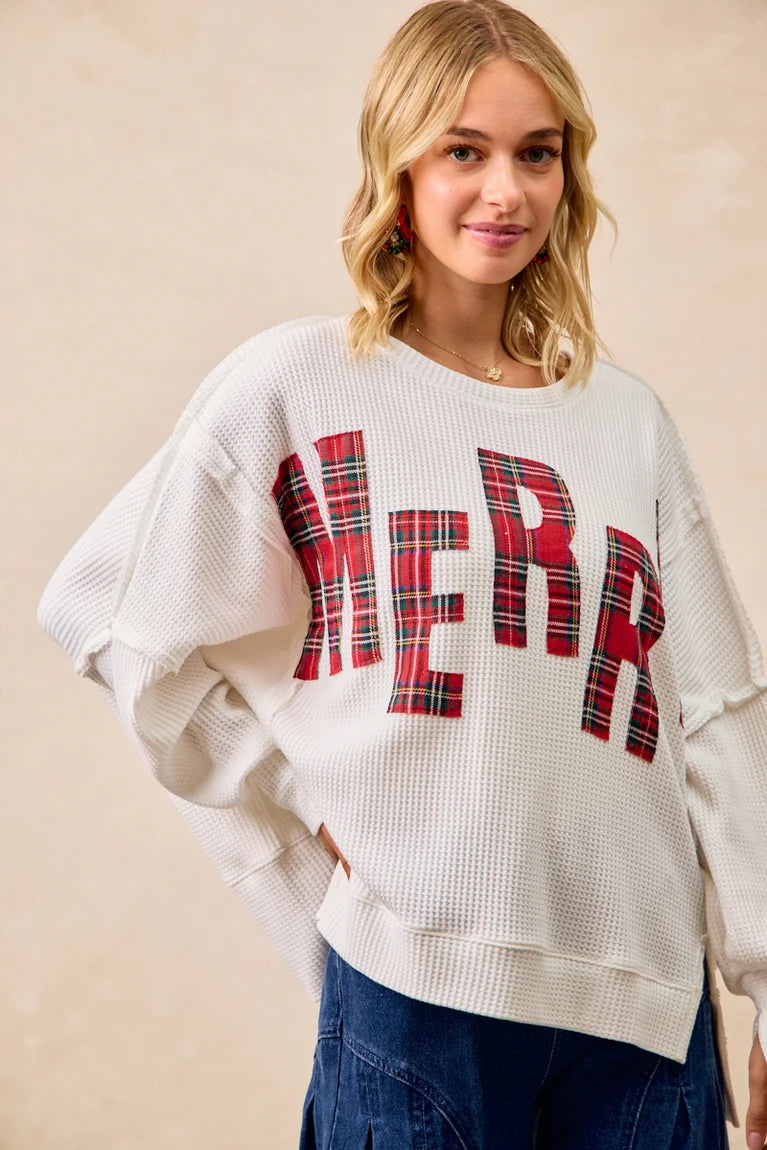 Bibi Christmas Plaid Merry Lettering Oversized Pullover