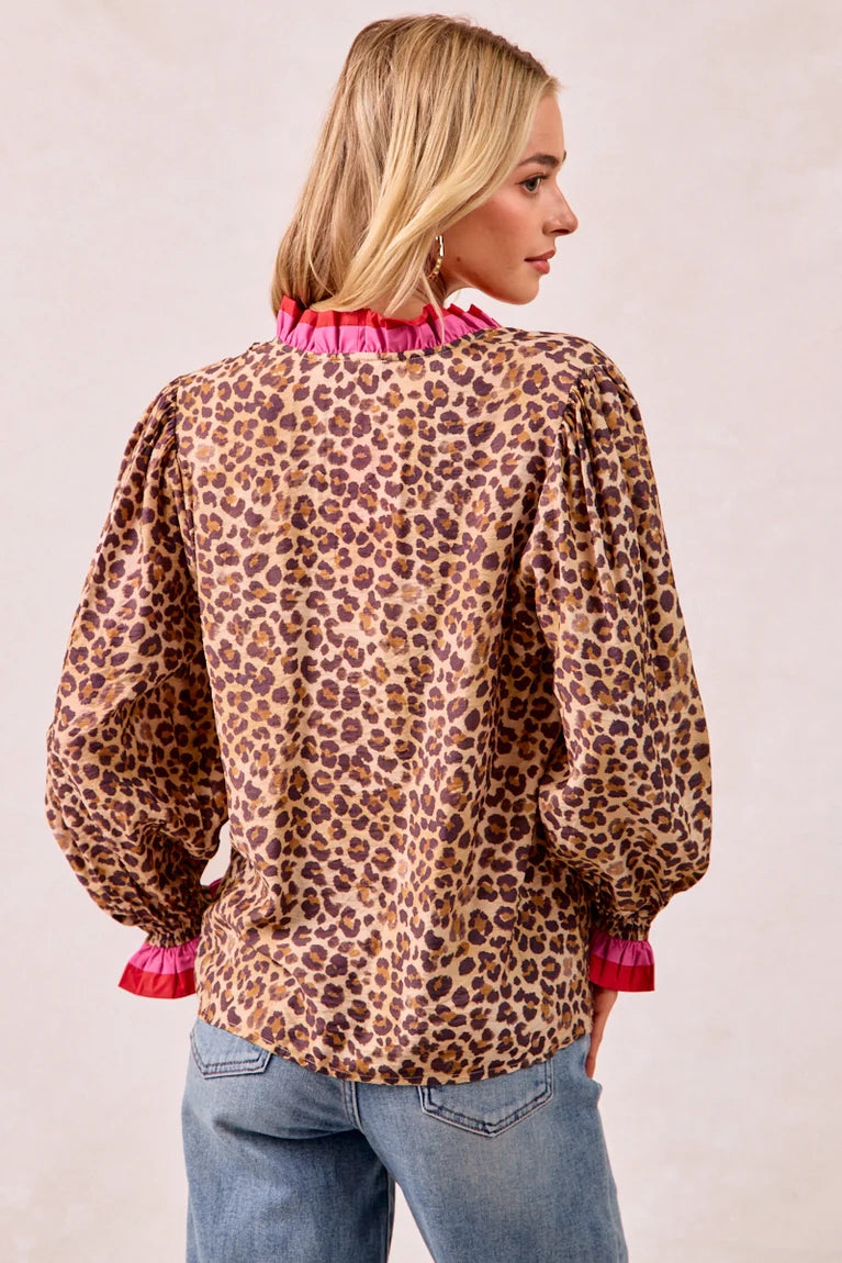 Bibi Leopard Print Top with Stripe Wavy Trim Detail