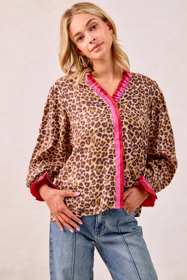 Bibi Leopard Print Top with Stripe Wavy Trim Detail